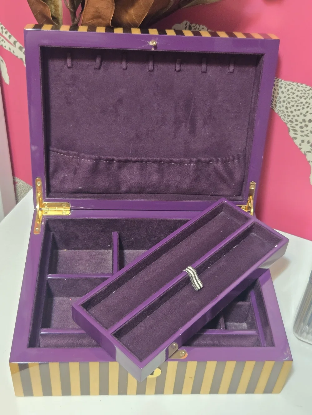 Vintage Henri Bendel Wood Brown Stripes Jewelry Organizer Storage Box